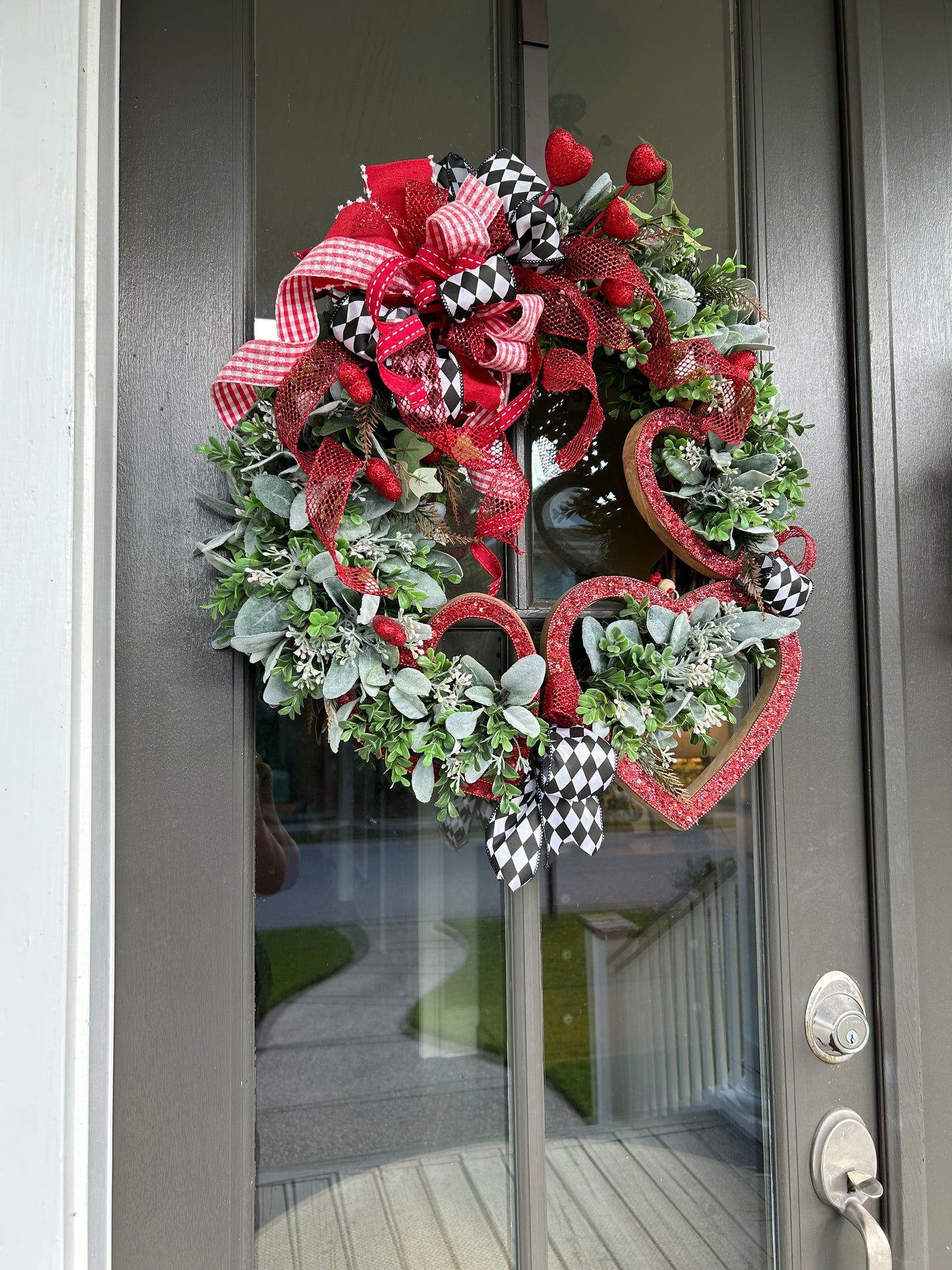 Wreath for Sale - Valentines Wreath Filled with the Red Hearts, Harlequin Ribbon and Lots of Greenery