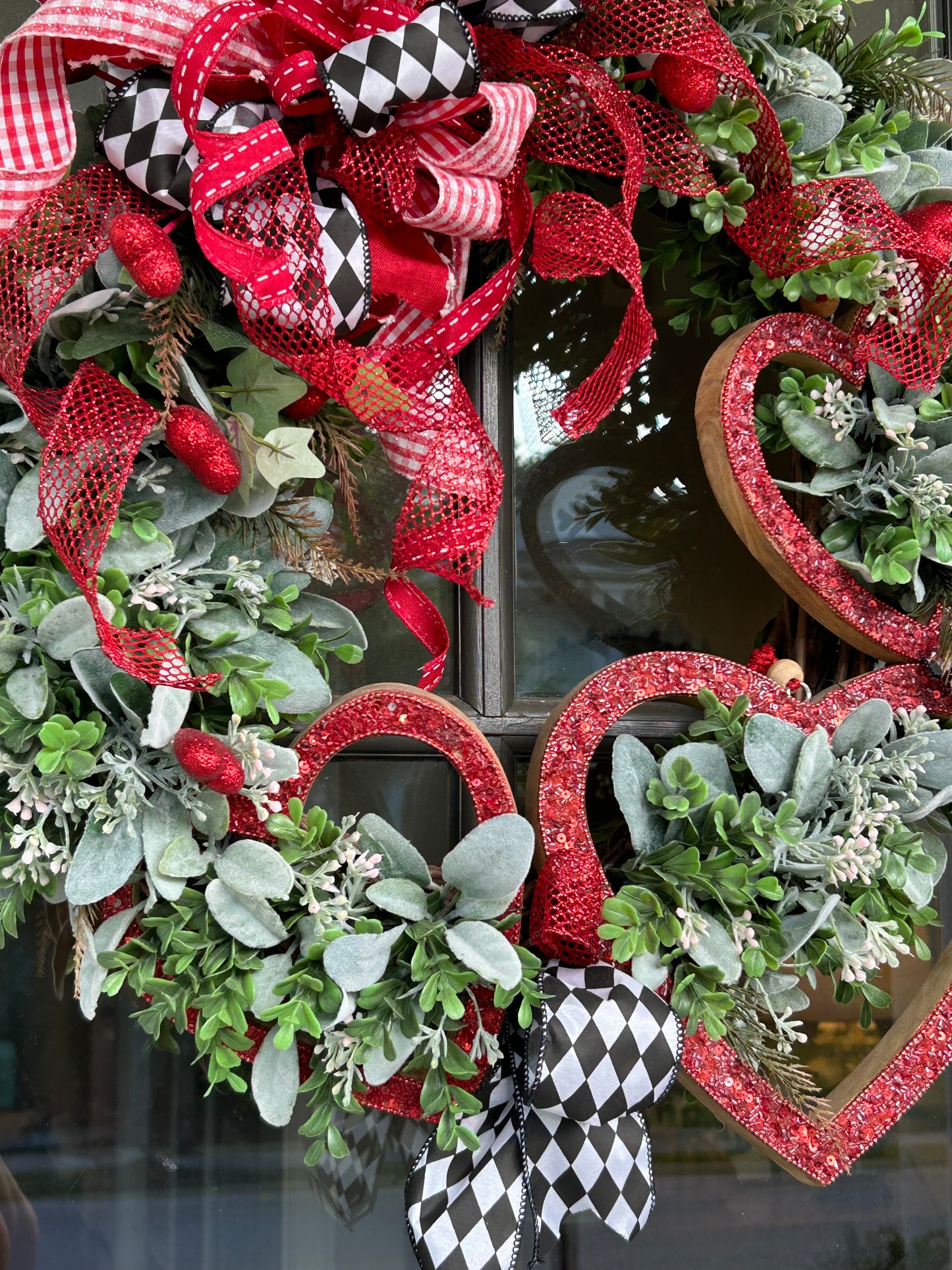 Wreath for Sale - Valentines Wreath Filled with the Red Hearts, Harlequin Ribbon and Lots of Greenery