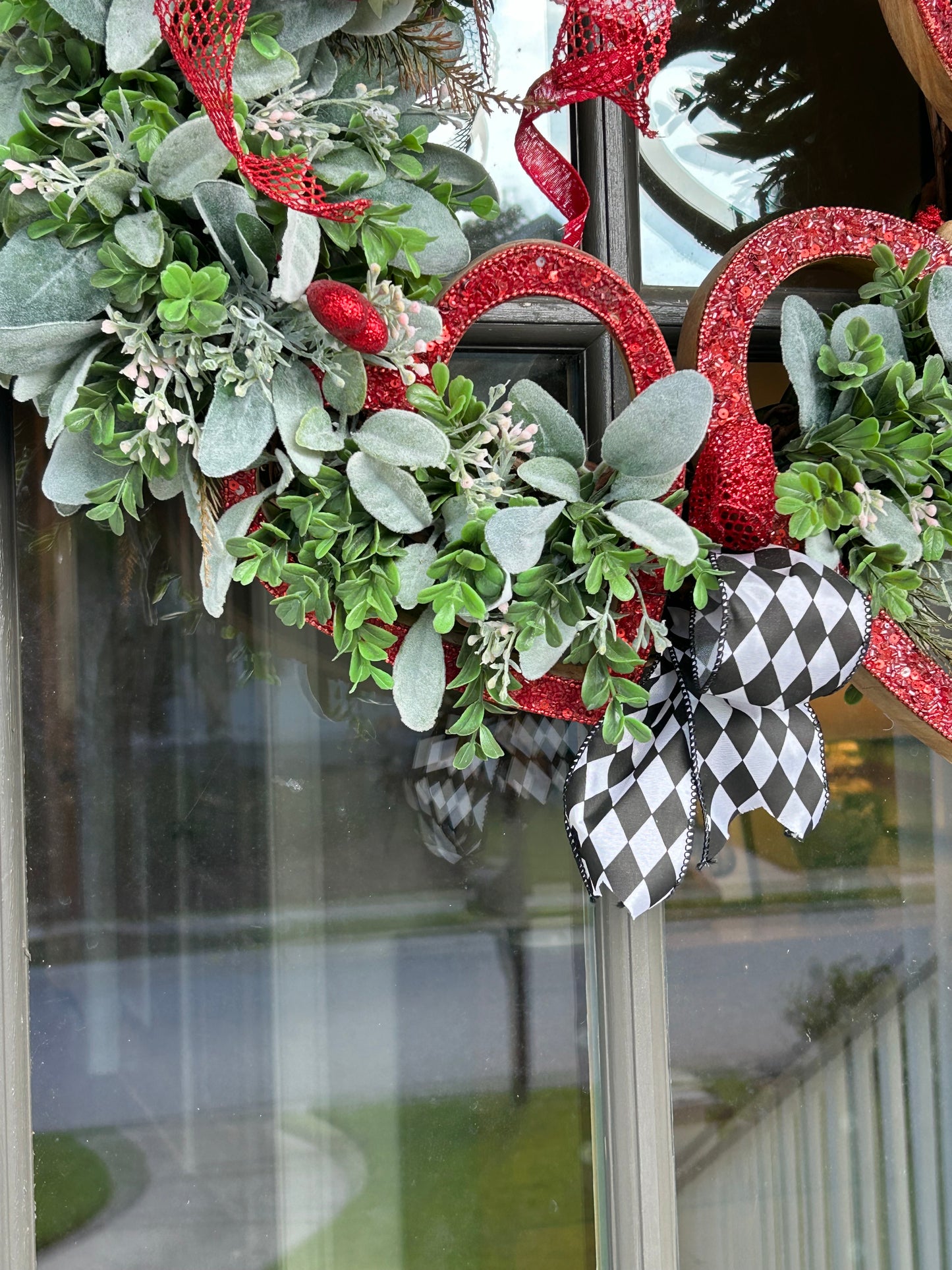 Wreath for Sale - Valentines Wreath Filled with the Red Hearts, Harlequin Ribbon and Lots of Greenery