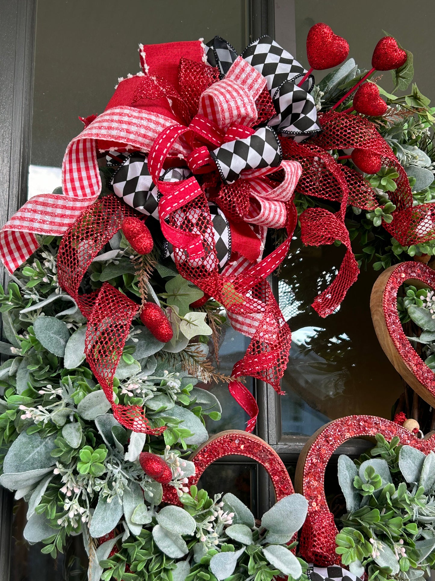 Wreath for Sale - Valentines Wreath Filled with the Red Hearts, Harlequin Ribbon and Lots of Greenery