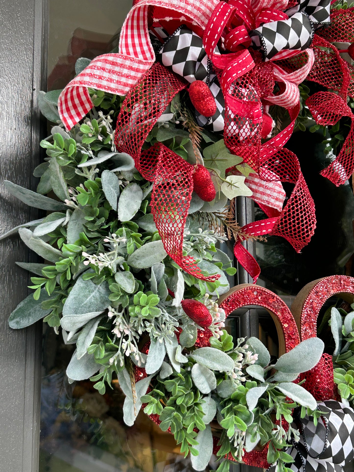 Wreath for Sale - Valentines Wreath Filled with the Red Hearts, Harlequin Ribbon and Lots of Greenery