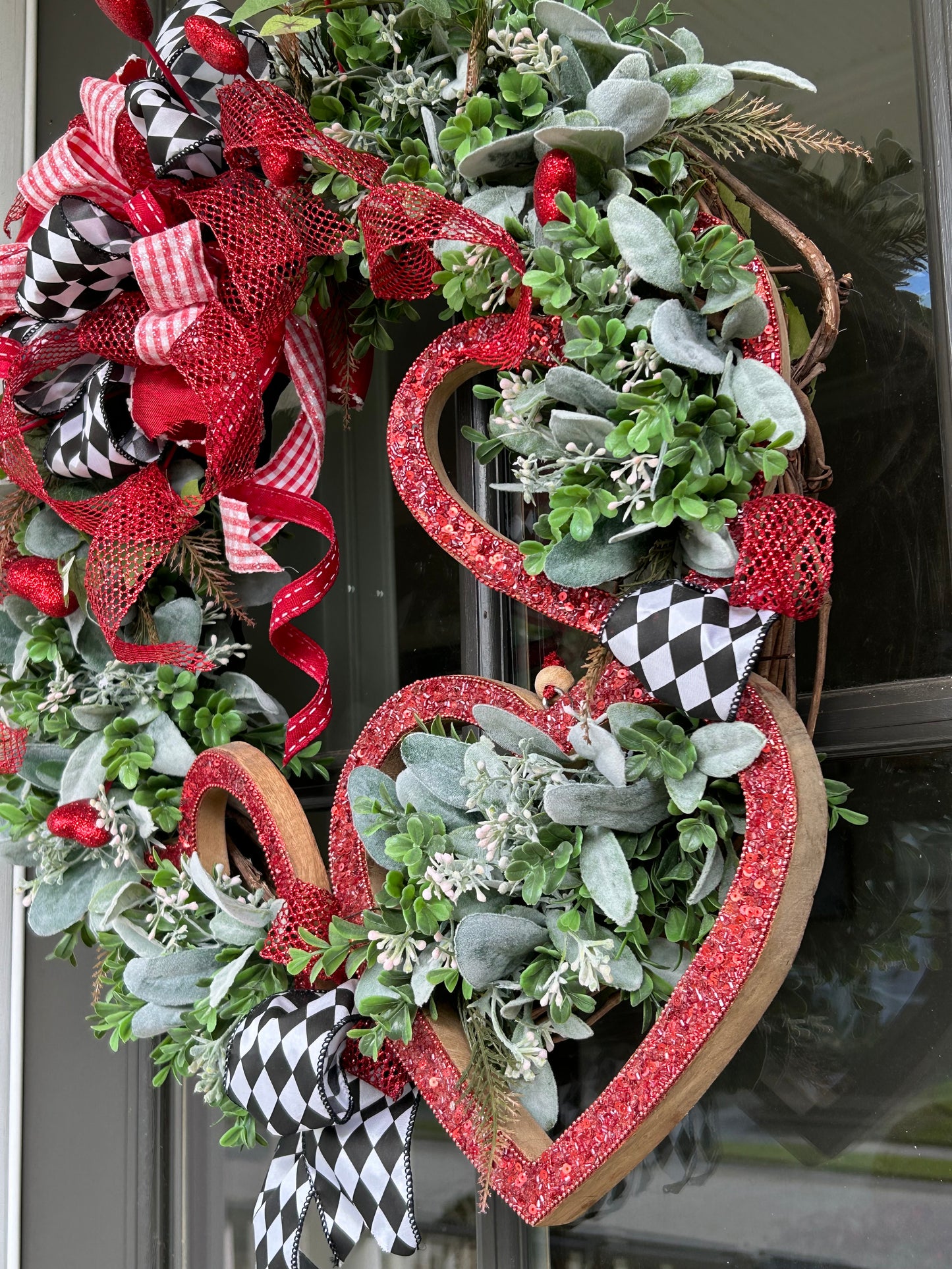 Wreath for Sale - Valentines Wreath Filled with the Red Hearts, Harlequin Ribbon and Lots of Greenery