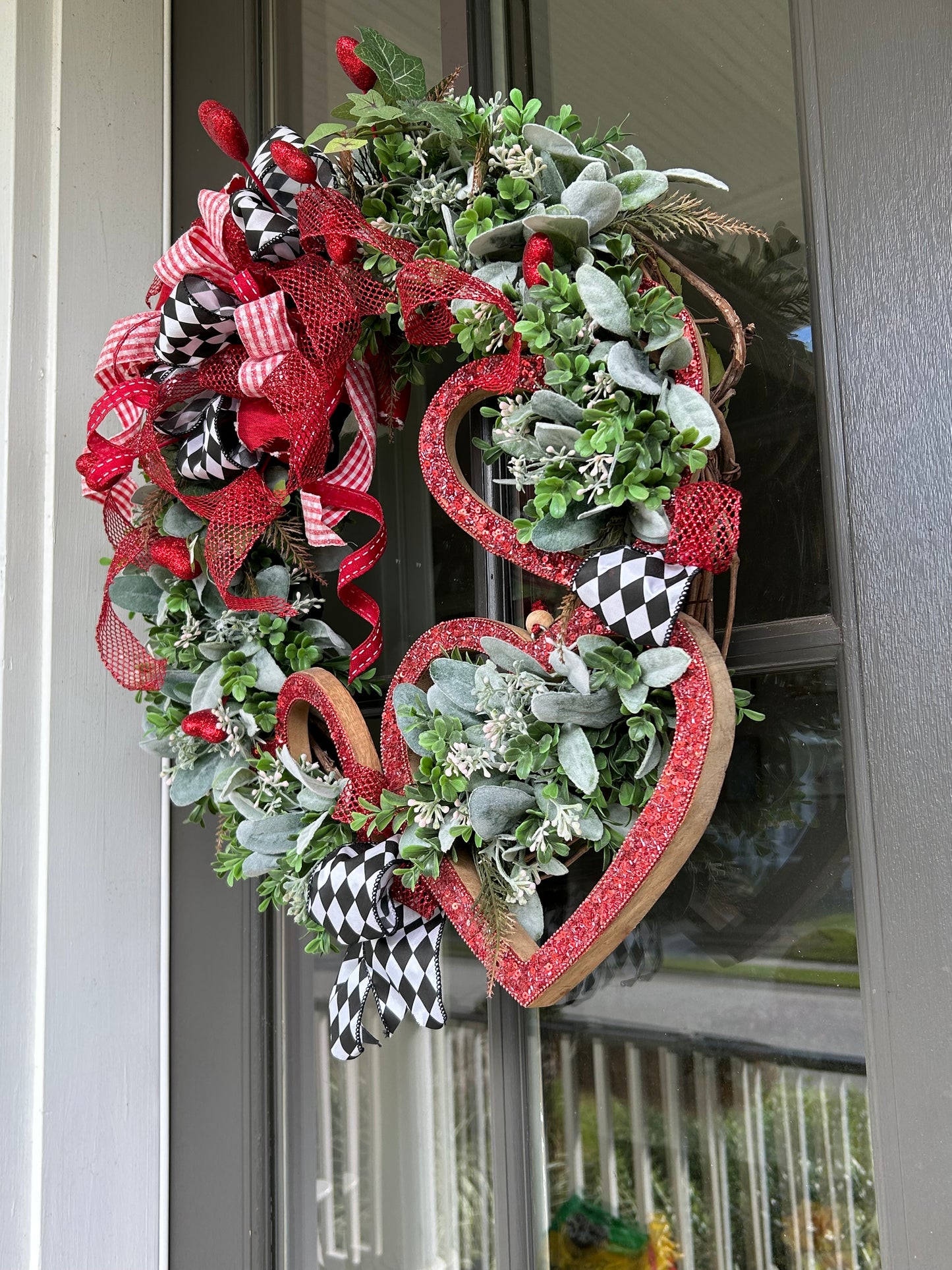 Wreath for Sale - Valentines Wreath Filled with the Red Hearts, Harlequin Ribbon and Lots of Greenery