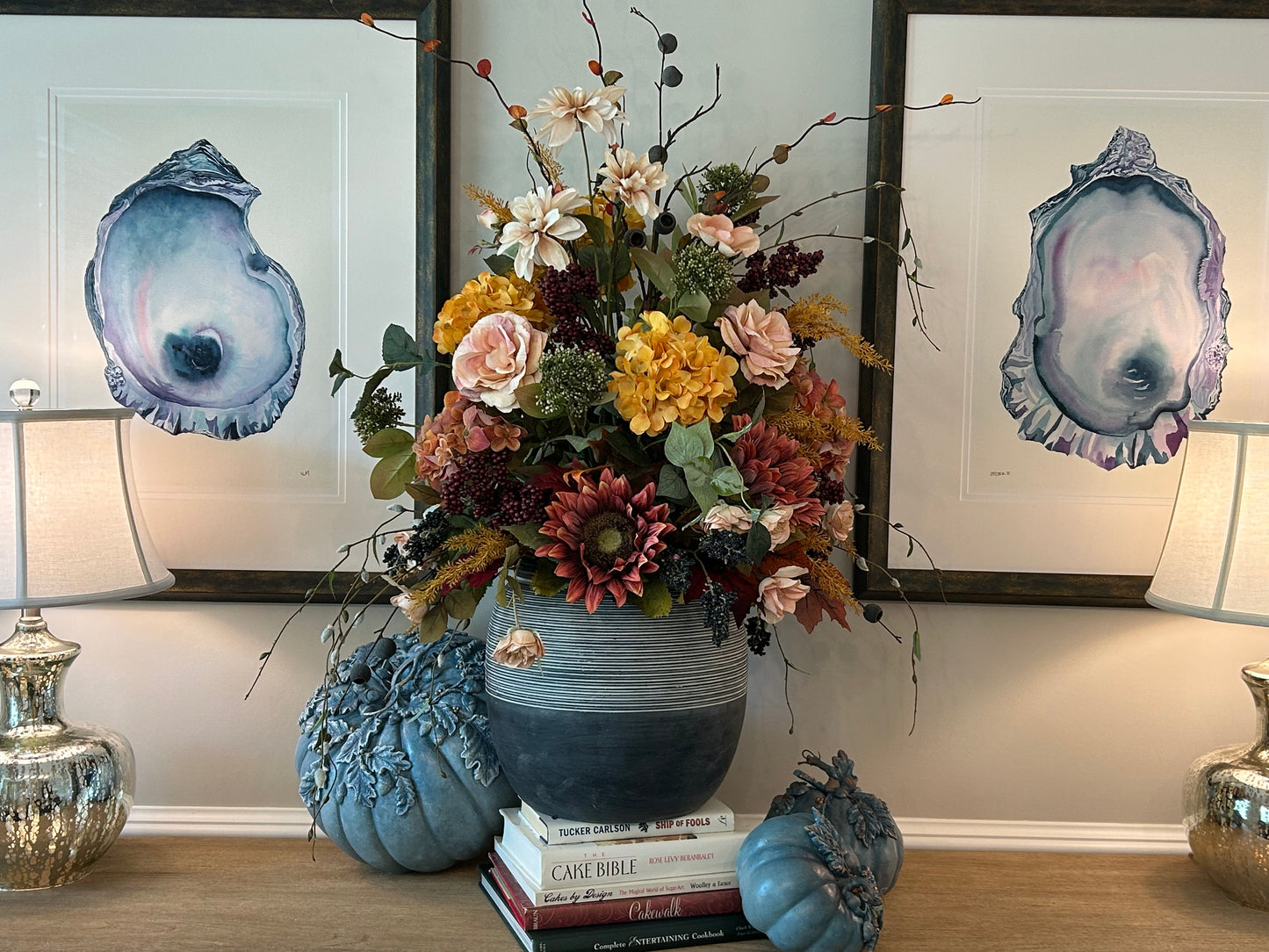 Arrangement for Sale - Fall Large Jeweled Tones Full Floral Buffet or Entry Way (Blue Vase)