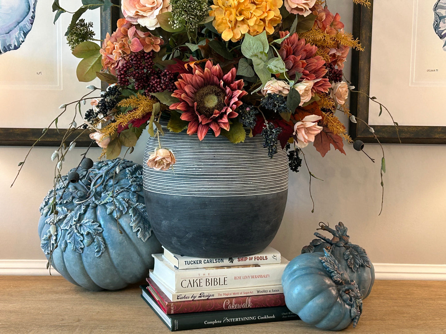 Arrangement for Sale - Fall Large Jeweled Tones Full Floral Buffet or Entry Way (Blue Vase)