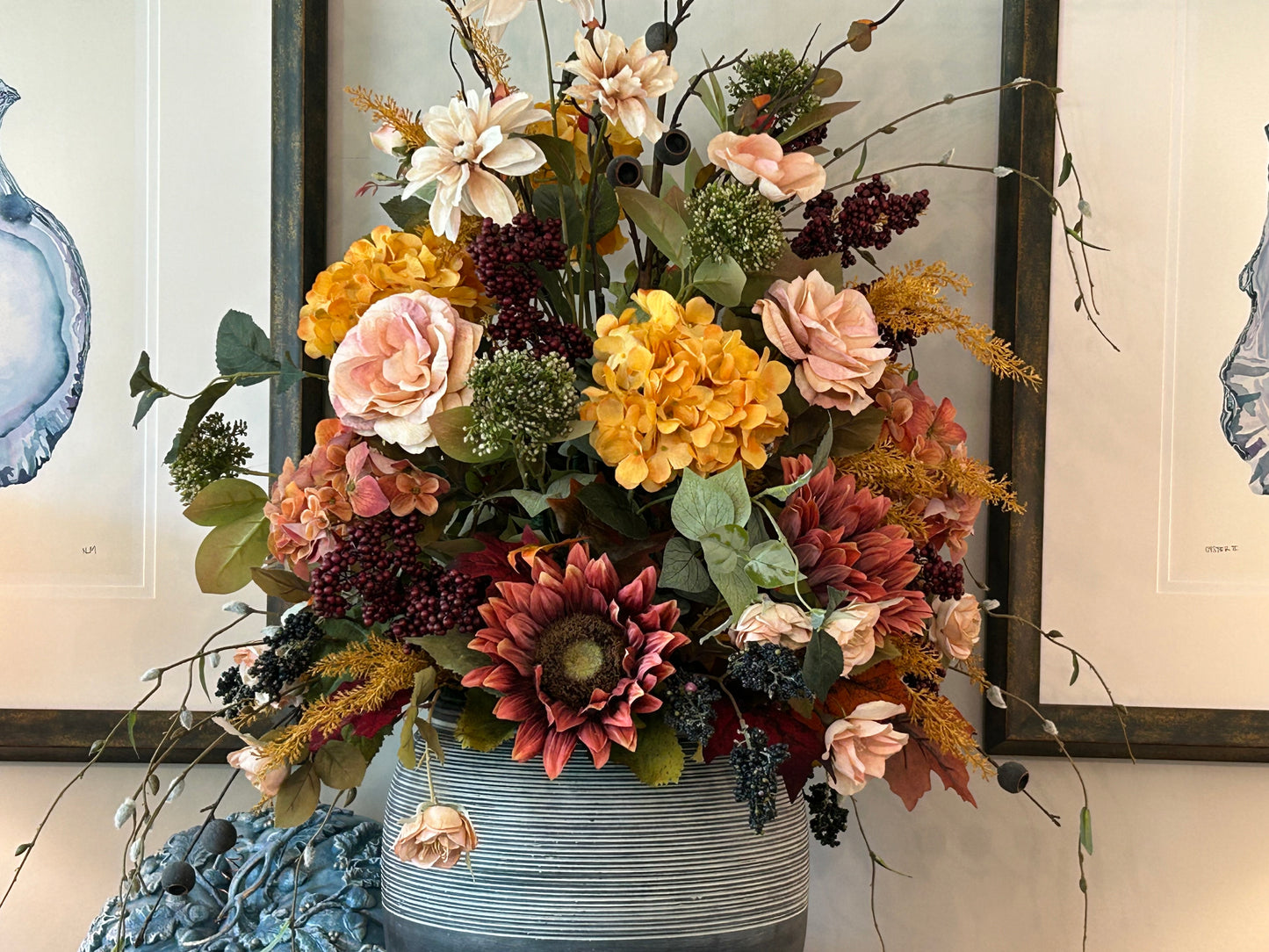 Arrangement for Sale - Fall Large Jeweled Tones Full Floral Buffet or Entry Way (Blue Vase)