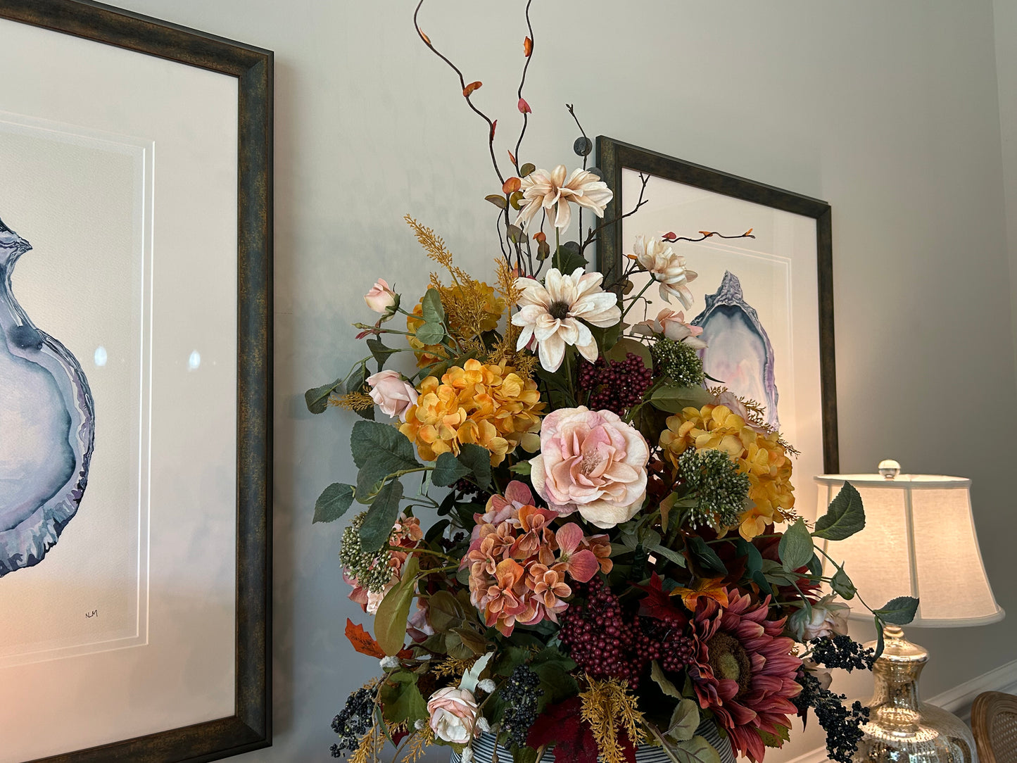 Arrangement for Sale - Fall Large Jeweled Tones Full Floral Buffet or Entry Way (Blue Vase)