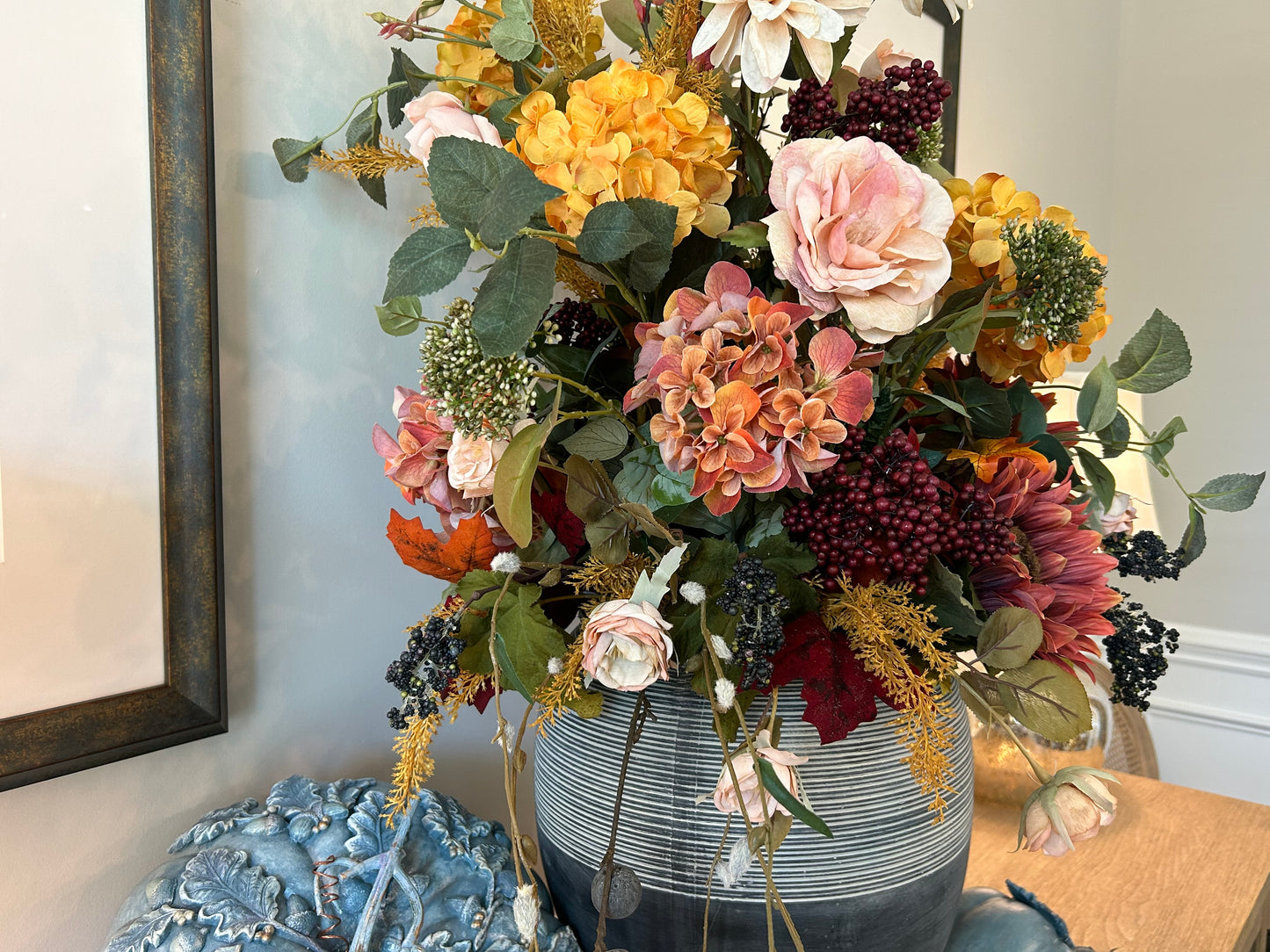 Arrangement for Sale - Fall Large Jeweled Tones Full Floral Buffet or Entry Way (Blue Vase)