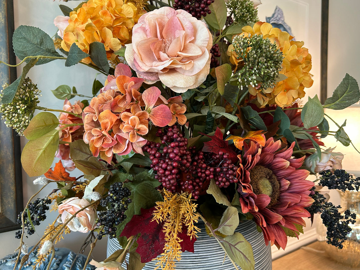 Arrangement for Sale - Fall Large Jeweled Tones Full Floral Buffet or Entry Way (Blue Vase)