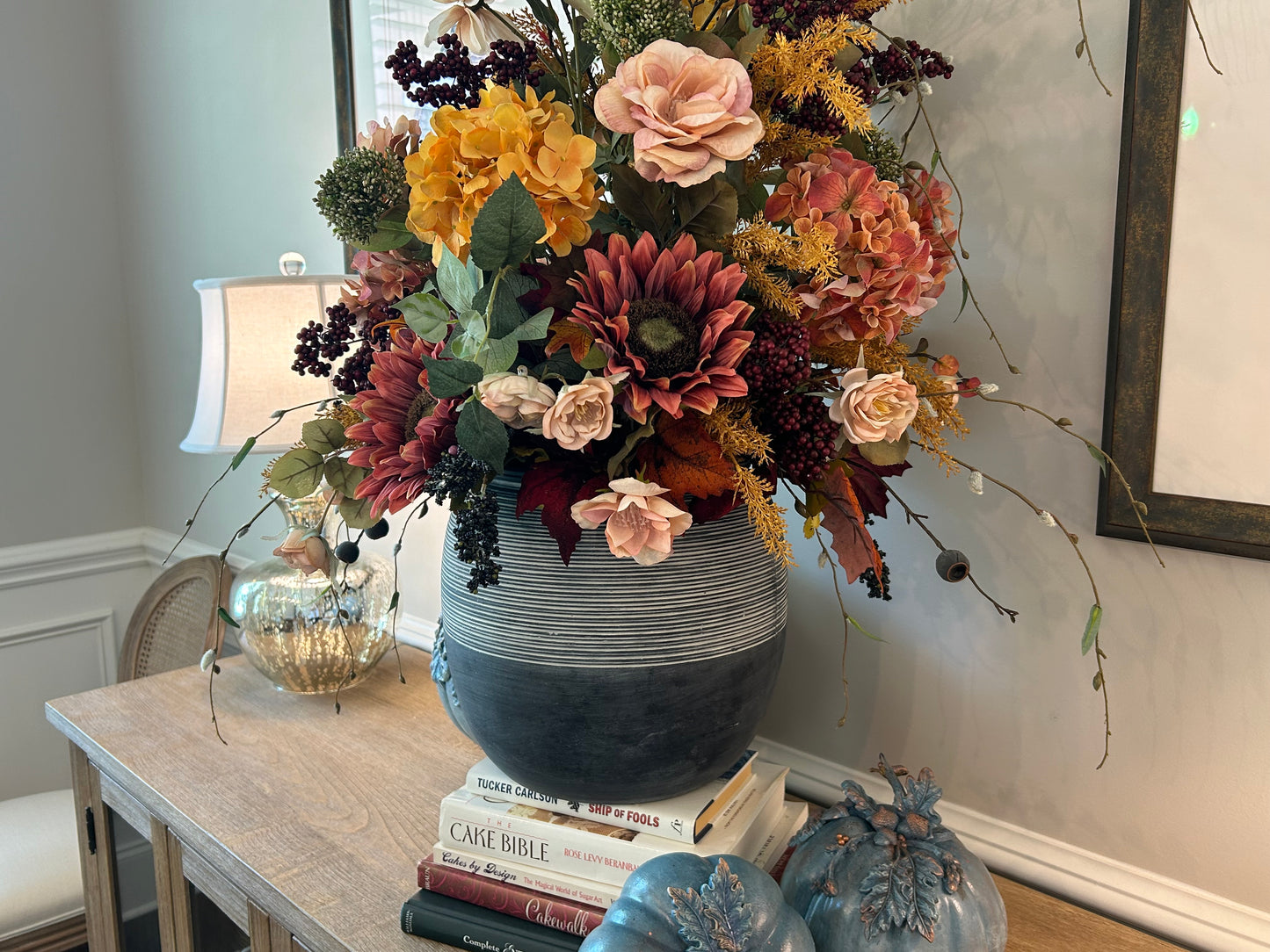 Arrangement for Sale - Fall Large Jeweled Tones Full Floral Buffet or Entry Way (Blue Vase)