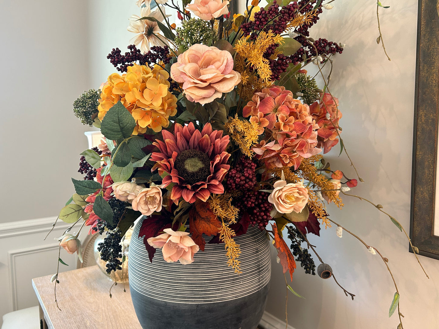 Arrangement for Sale - Fall Large Jeweled Tones Full Floral Buffet or Entry Way (Blue Vase)