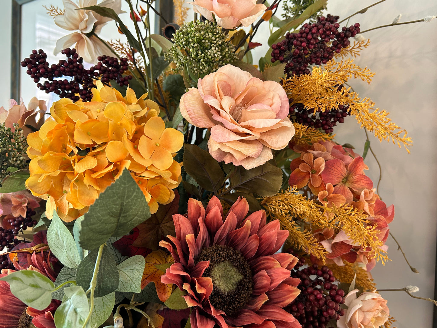 Arrangement for Sale - Fall Large Jeweled Tones Full Floral Buffet or Entry Way (Blue Vase)