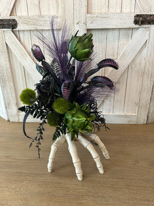 Arrangement for Sale - Halloween Arrangement with Skull Hand and Creepy Florals