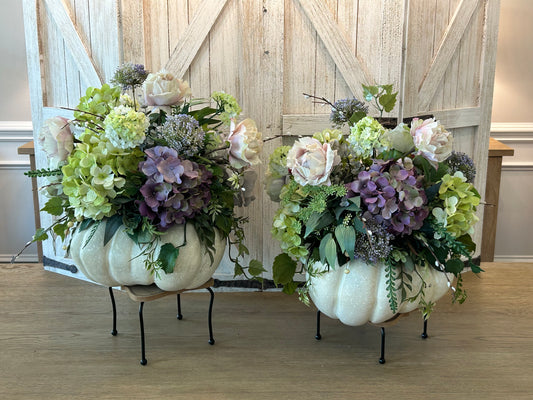 Arrangement for Sale  - Fall Green Pumpkins Filled with Pink Roses, Purple Hydrangeas and Green Florals