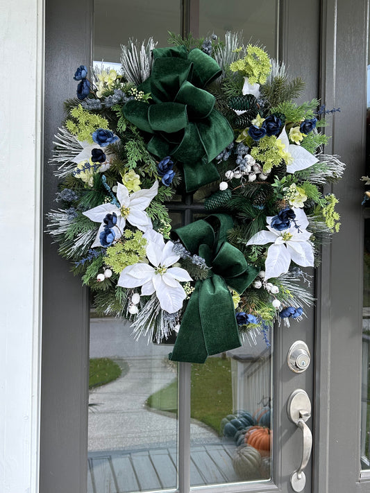 Wreath for Sale - Christmas 30" Green Velvet Ribbon with White Poinsettias and Blue Florals