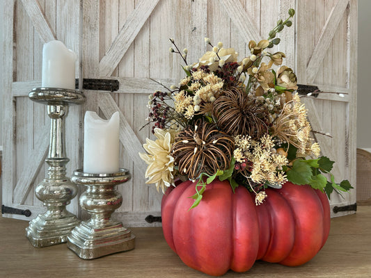 Arrangement for Sale  - Fall Pumpkin Filled with Neutral Flowers and Pumpkins