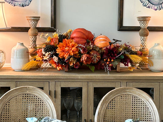 Arrangement for Sale - Fall Pumpkins in a Low Copper Container