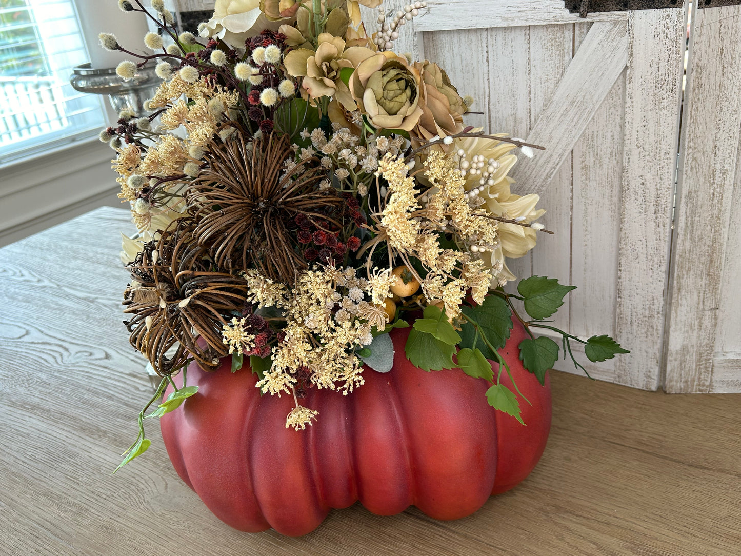 Arrangement for Sale  - Fall Pumpkin Filled with Neutral Flowers and Pumpkins