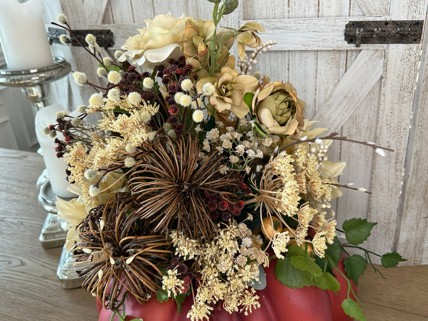 Arrangement for Sale  - Fall Pumpkin Filled with Neutral Flowers and Pumpkins