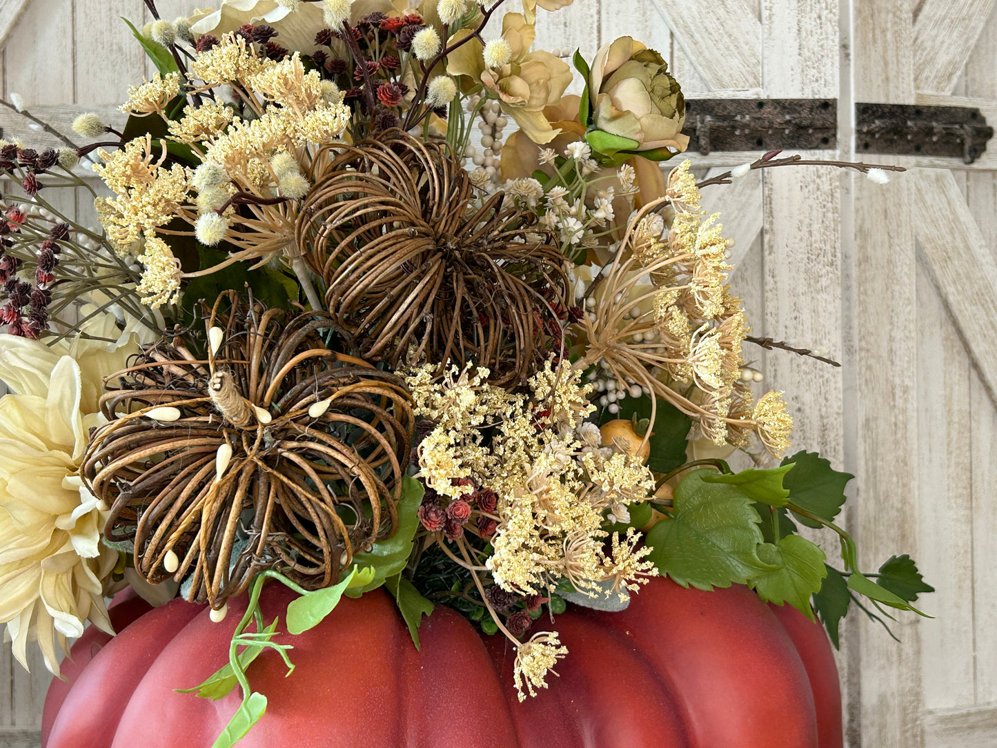 Arrangement for Sale  - Fall Pumpkin Filled with Neutral Flowers and Pumpkins