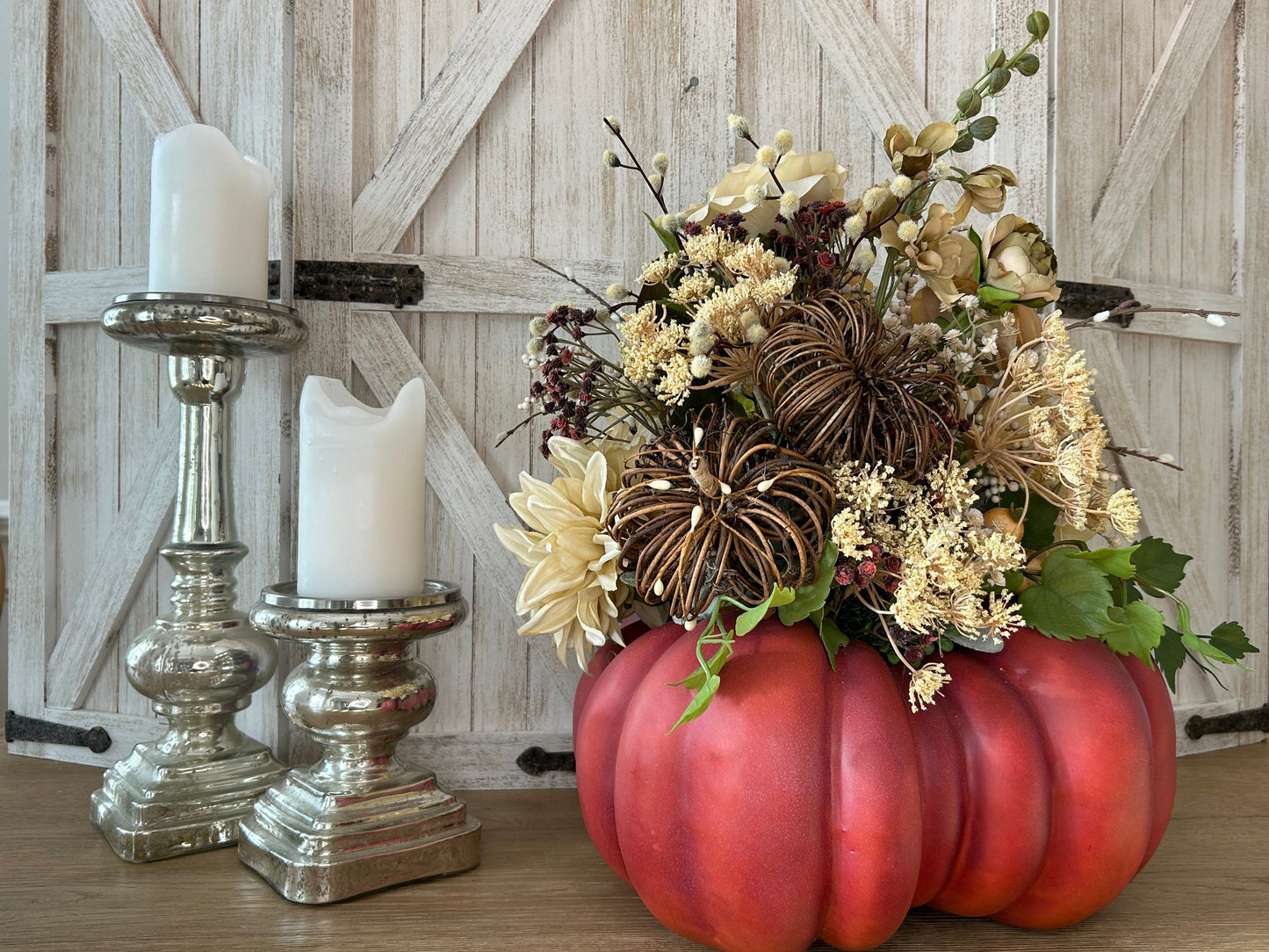 Arrangement for Sale  - Fall Pumpkin Filled with Neutral Flowers and Pumpkins